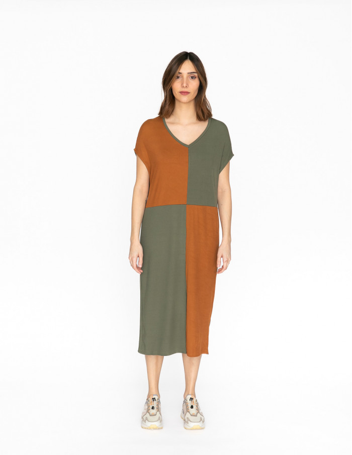 vestido midi patchwork marron y verde skatie sommes demode zaragoza