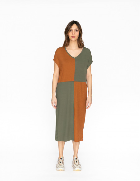 vestido midi patchwork marron y verde skatie sommes demode zaragoza