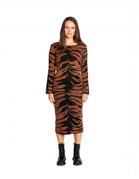 Vestido de punto marrón animal print cut out BSB Sommes Demode Zaragoza