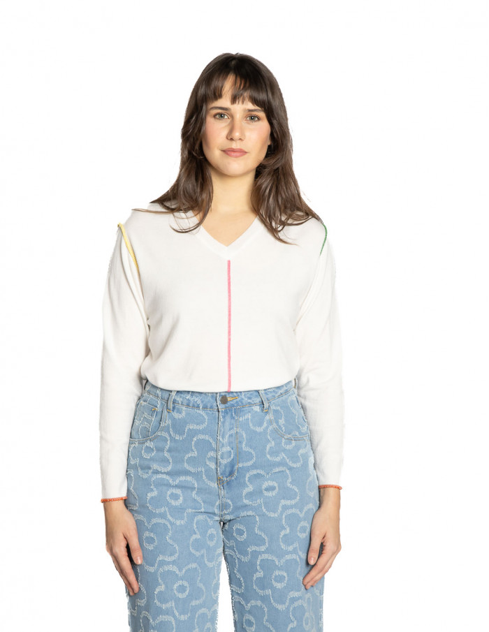 sueter fino blanco con costuras de colores pan sommes demode zaragoza