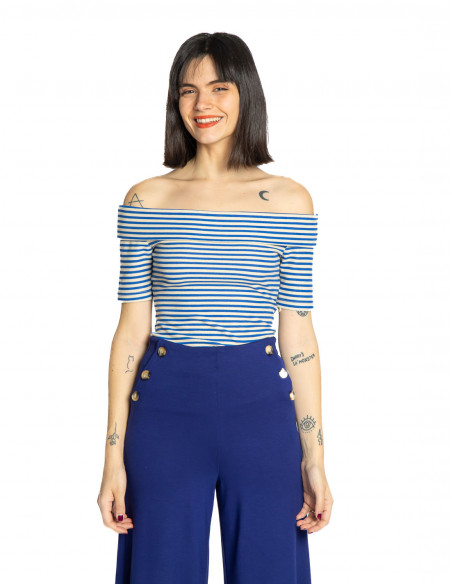 Top escote bardot rayas azules Nives King Louie Sommes Demode Zaragoza