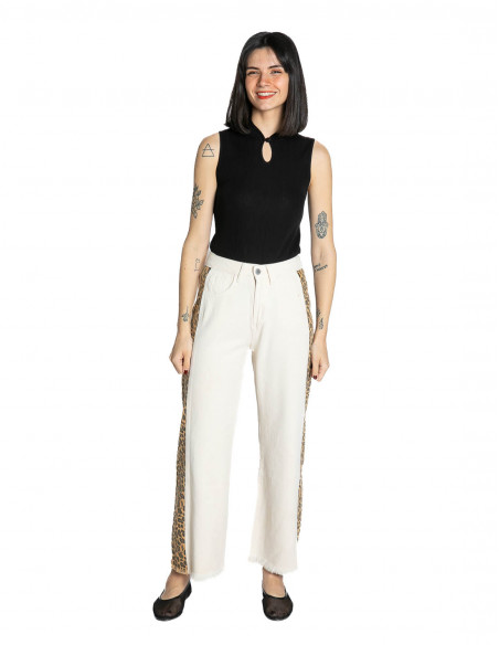 Pantalón denim beige banda leopardo Meisie Sommes Demode Zaragoza