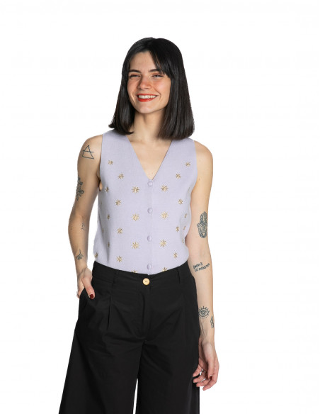 Top punto lila estrellas bordadas Meisie Sommes Demode Zaragoza