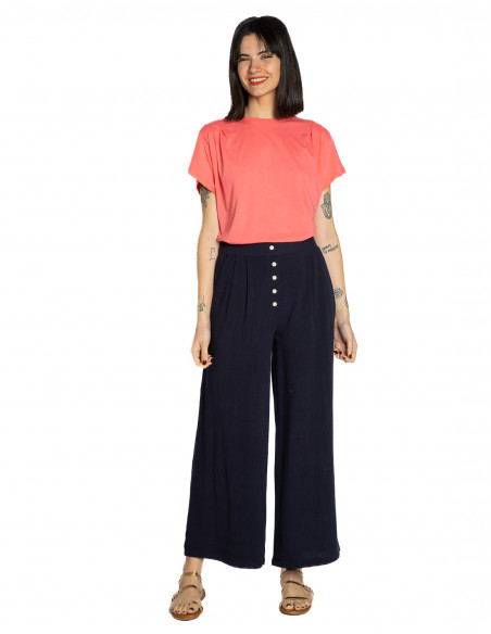 pantalon fluido lino navy con botones pan sommes demode zaragoza