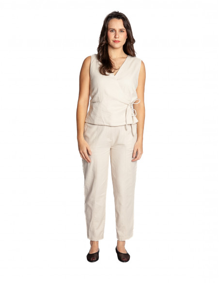 Pantalón lino beige Zahra Ichi Sommes Demode Zaragoza