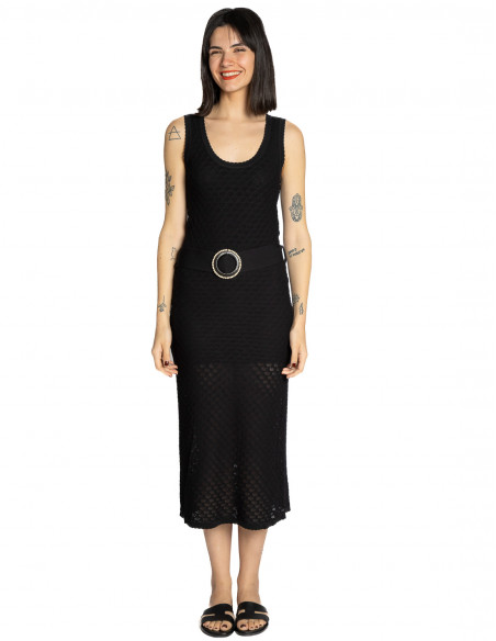 vestido punto calado con cinturon negro skatie sommes demode zaragoza