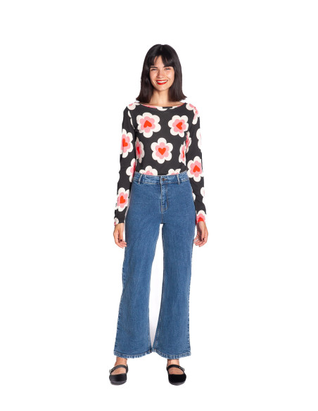 Pantalón denim azul con bordado corazon sommes demode zaragoza