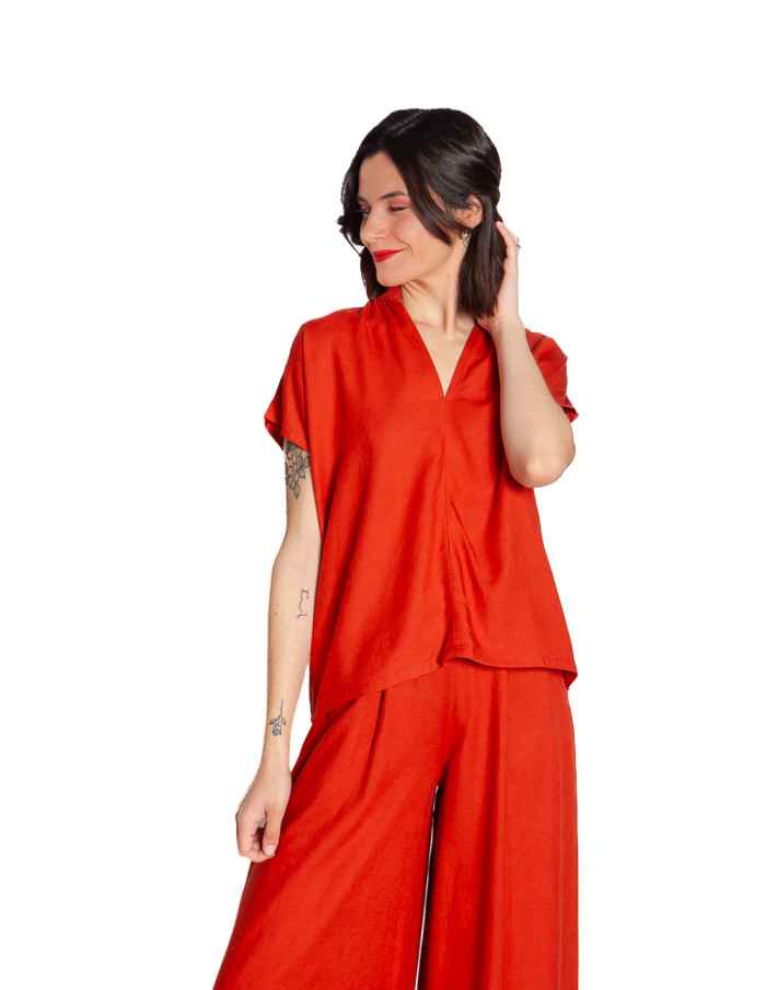 blusa lino cuello pico color caldera pan sommes demode zaragoza