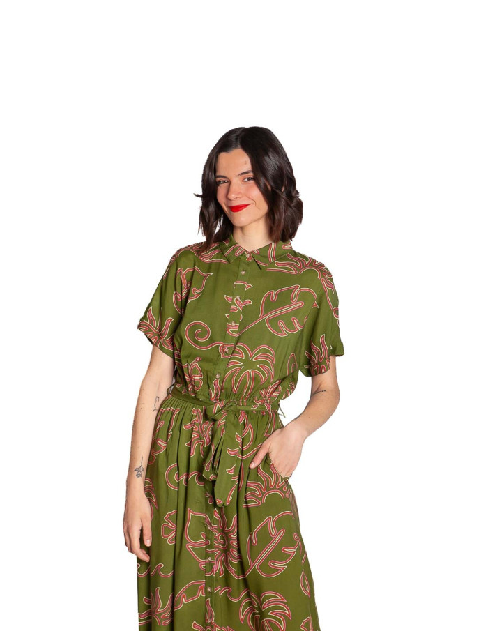 vestido verde caqui con hojas rosas leigh sugarhill sommes demode zaragoza