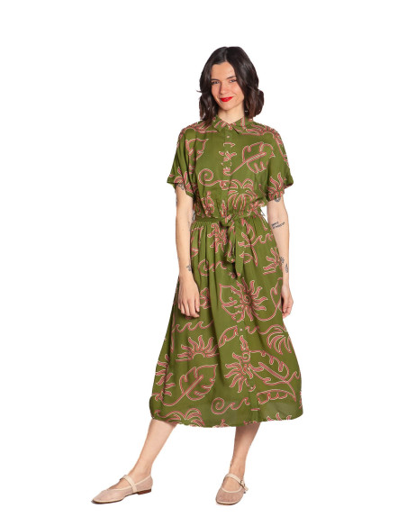 vestido verde caqui con hojas rosas leigh sugarhill sommes demode zaragoza