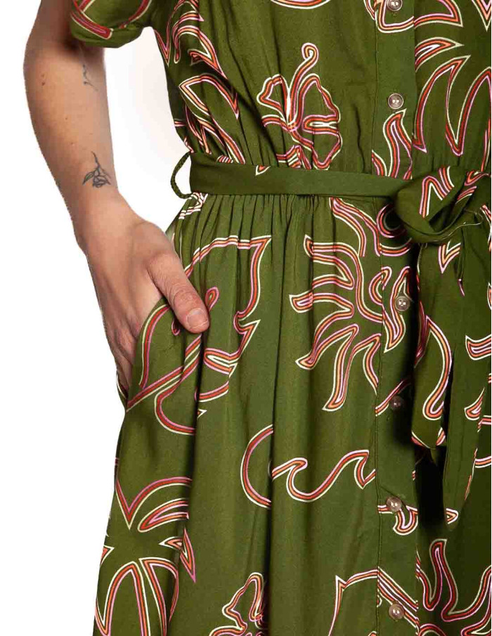 vestido verde caqui con hojas rosas leigh sugarhill sommes demode zaragoza