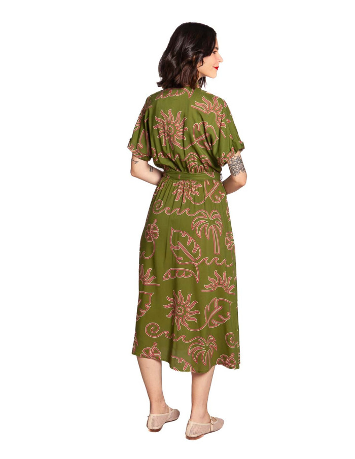 vestido verde caqui con hojas rosas leigh sugarhill sommes demode zaragoza