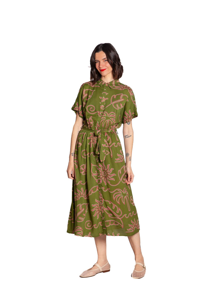 vestido verde caqui con hojas rosas leigh sugarhill sommes demode zaragoza