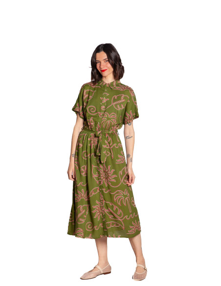 vestido verde caqui con hojas rosas leigh sugarhill sommes demode zaragoza