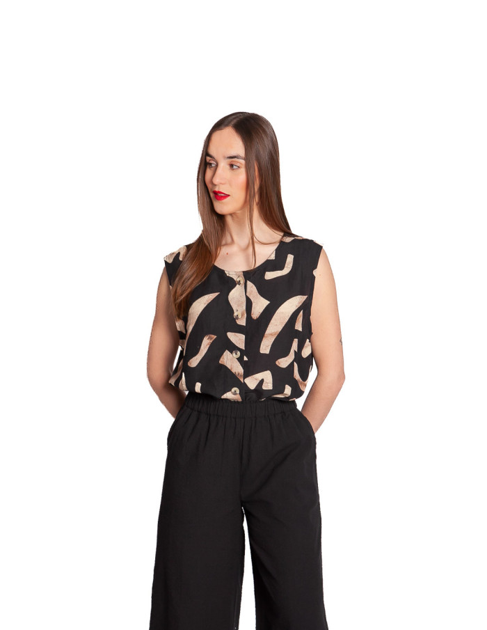 Top lino negro estampado stones Fuji Suite13lab Sommes Demode Zaragoza