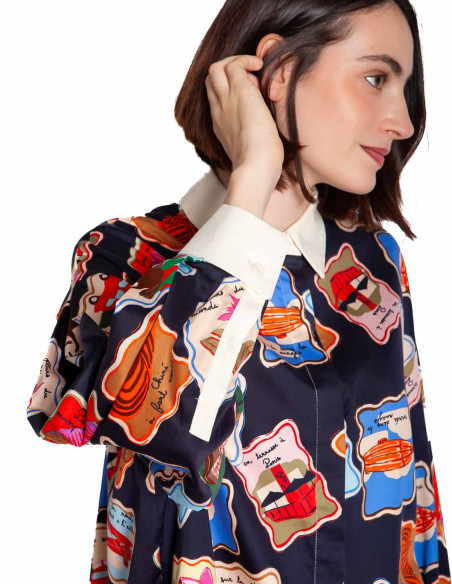 Camisa oversize navy estampado sellos Avon Frnch Sommes Demode Zaragoza