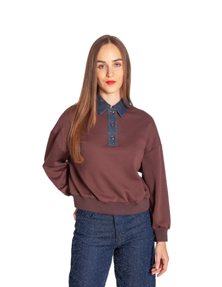 sudadera tipo polo marron con cuello denim sweon cks sommes demode zaragoza