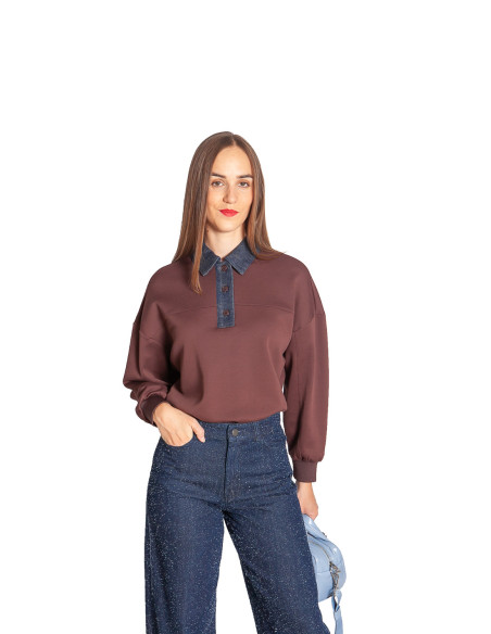 sudadera tipo polo marron con cuello denim sweon cks sommes demode zaragoza
