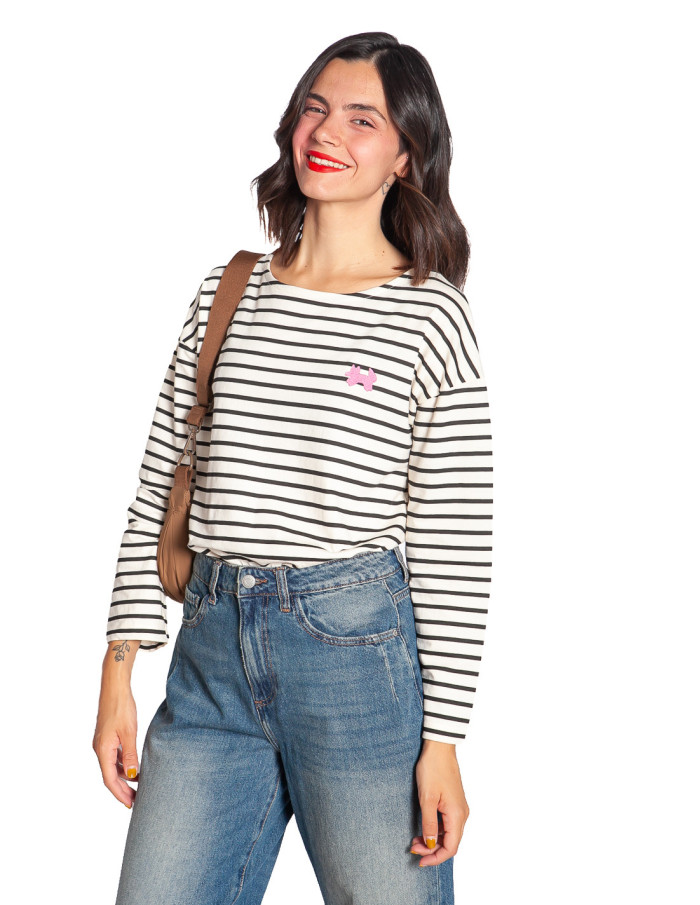 CAMISETA BLANCA RAYAS NEGRAS BORDADO ZORRO COMPAÑIA FANTASTICA sommes demode zaragoza