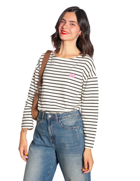 CAMISETA BLANCA RAYAS NEGRAS BORDADO ZORRO COMPAÑIA FANTASTICA sommes demode zaragoza