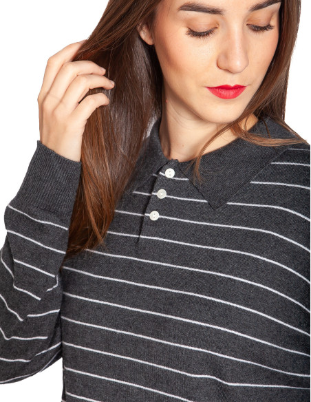Jersey cuello polo gris rayas blancas Aloura Artlove Sommes Demode Zaragoza