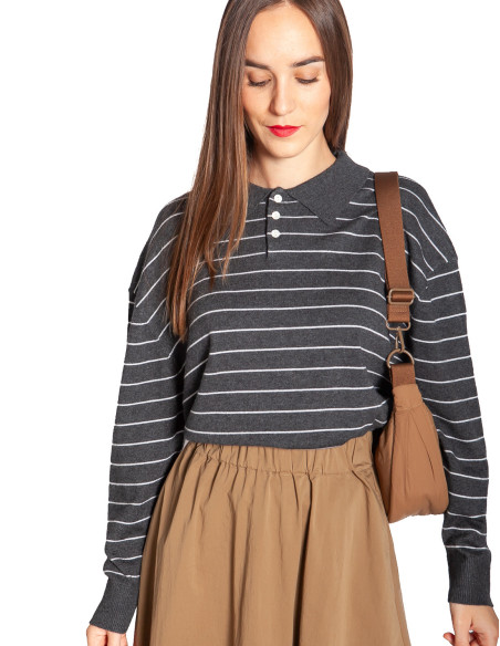 Jersey cuello polo gris rayas blancas Aloura Artlove Sommes Demode Zaragoza