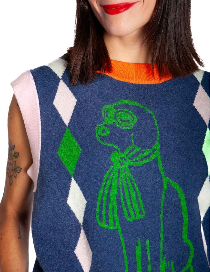 chaleco de punto azul con perrito torquay frnch sommes demode zaragoza