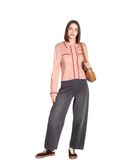 Cardigan rosa ribetes rojos Valiano Ange Sommes Demode Zaragoza