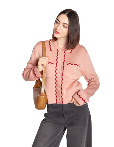 Cardigan rosa ribetes rojos Valiano Ange Sommes Demode Zaragoza