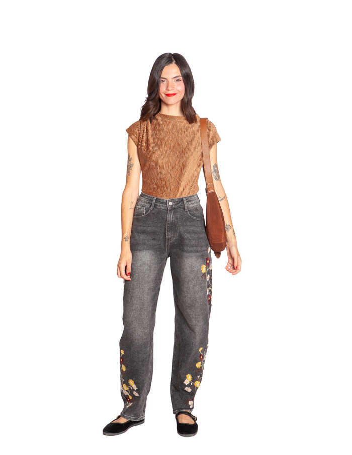 jeans barrel color gris flores bordadas pibri ange sommes demode zaragoza