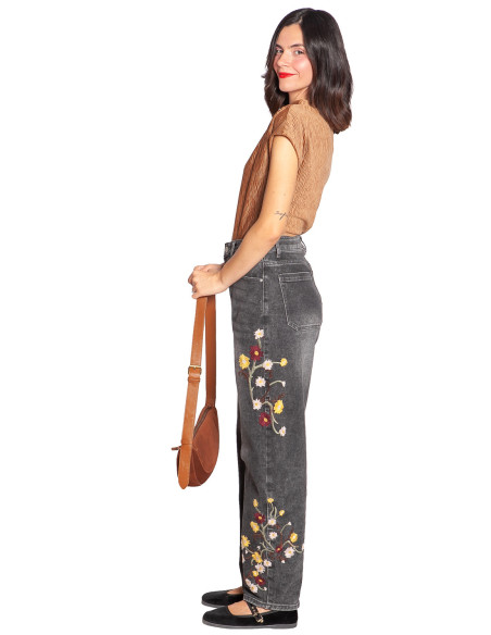 jeans barrel color gris flores bordadas pibri ange sommes demode zaragoza