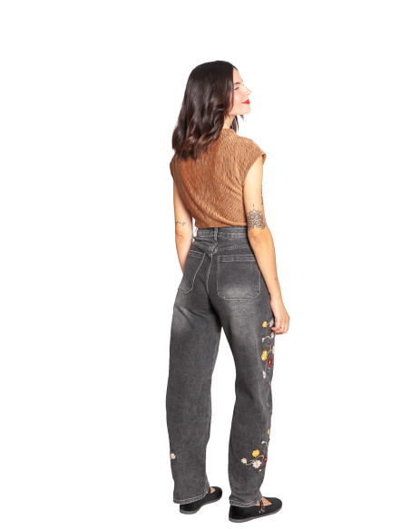 jeans barrel color gris flores bordadas pibri ange sommes demode zaragoza