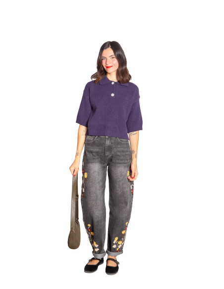 Jersey polo con botón joya morado Norane Ange Sommes Demode Zaragoza
