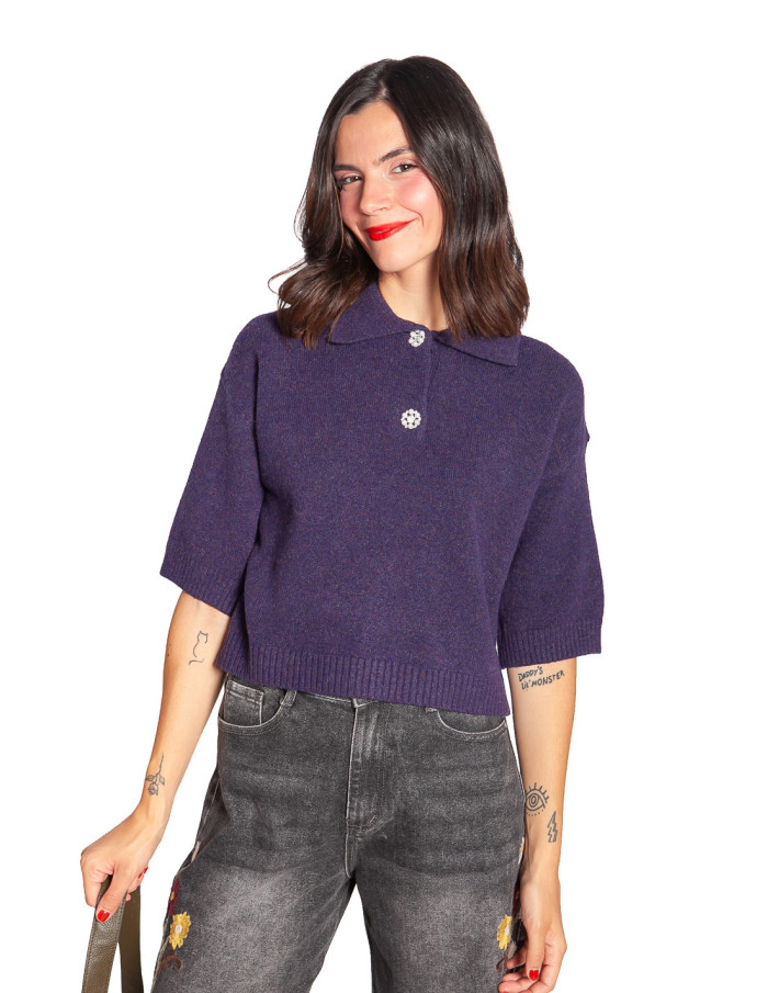 Jersey polo con botón joya morado Norane Ange Sommes Demode Zaragoza