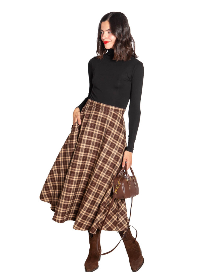 FALDA MIDI EVASE CUADROS MARRONES ADONIA GRACE AND MILA
